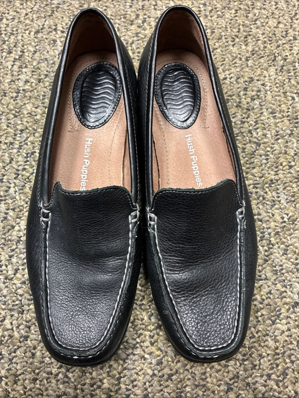 Hush Puppies Black Leather Slip-On Loafers with White Stitching Accent